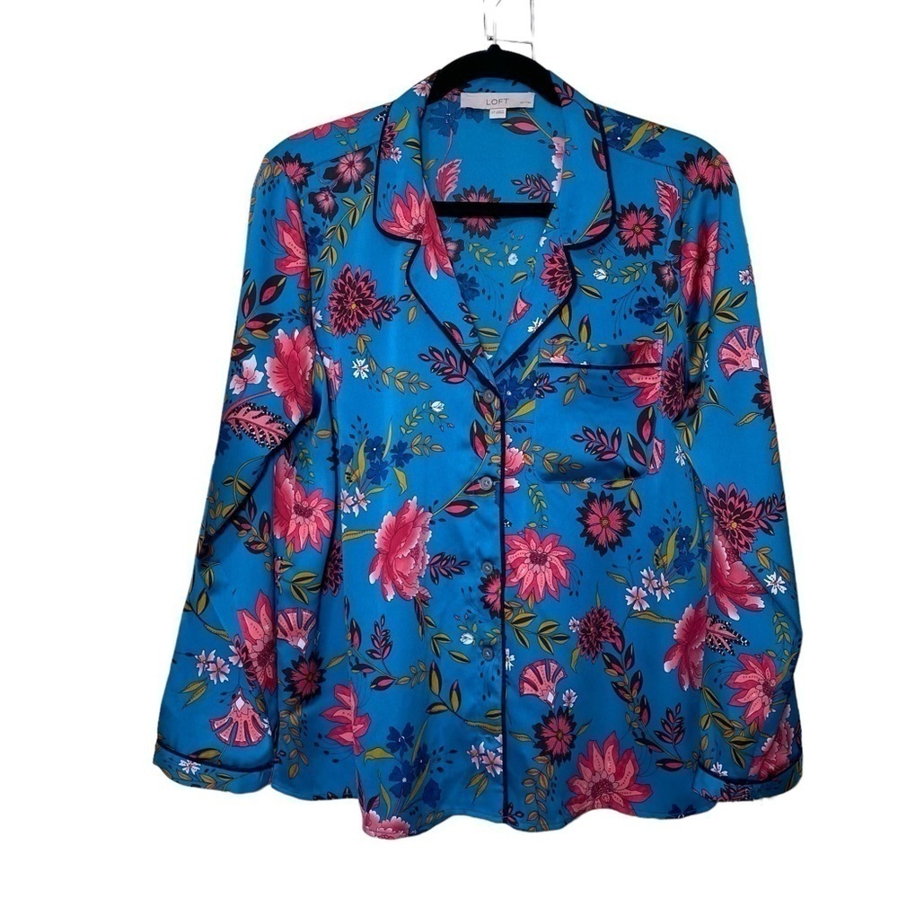 Loft Floral Button Front Long Sleeve Lounging / Sleep / Pajama Top  Large Petite
